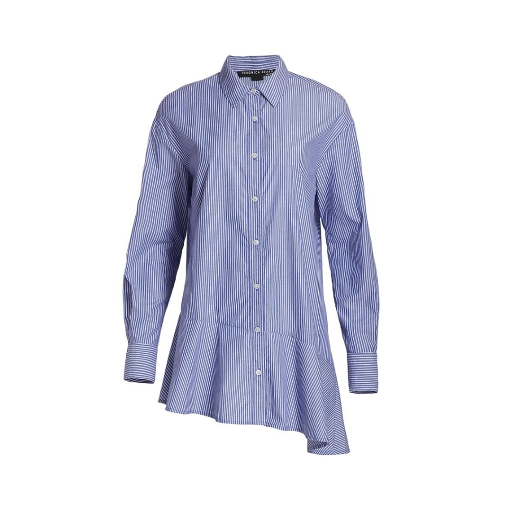 Veronica Beard Gilda Asymmetric Striped Cotton Shirt, Size 10